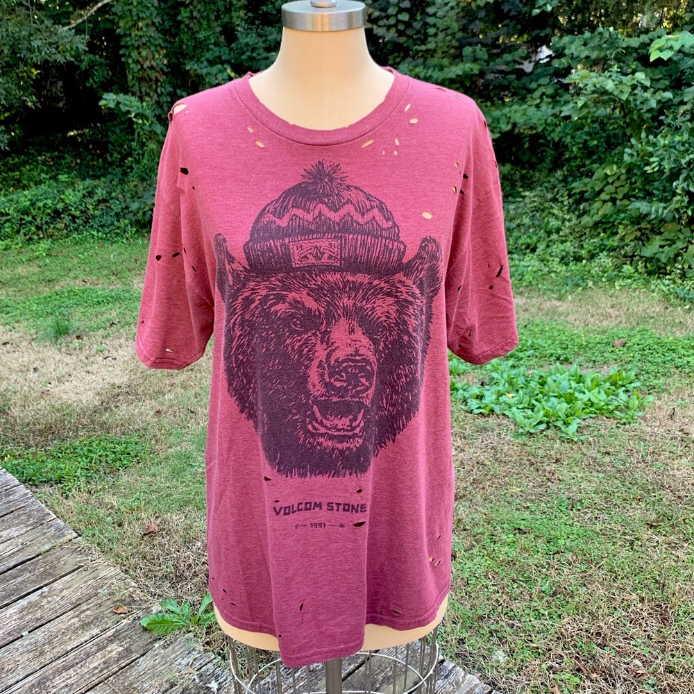 Volcom Bear Graphic Tee with intentional handmade tears